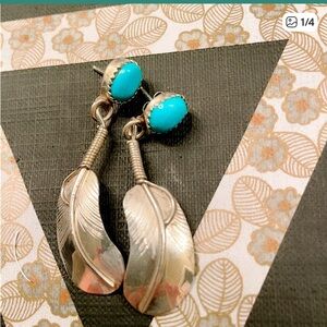 Vintage Native American Signed Turquoise Sterling Silver Feather Earrings
